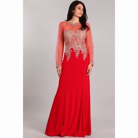 ELEGANT Red Gold Lace Dress - Picture 1 of 5